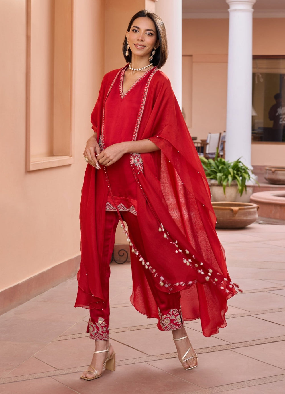 Red Embroidered Satin Kurta Set With Cape Isha Gupta Tayal - Fabilicious Fashion