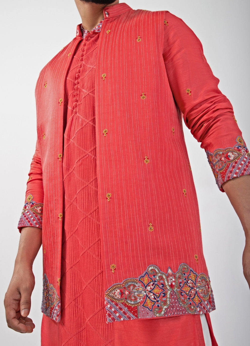 Red Embroidered Satin Nehru Jacket Smriti - Fabilicious Fashion