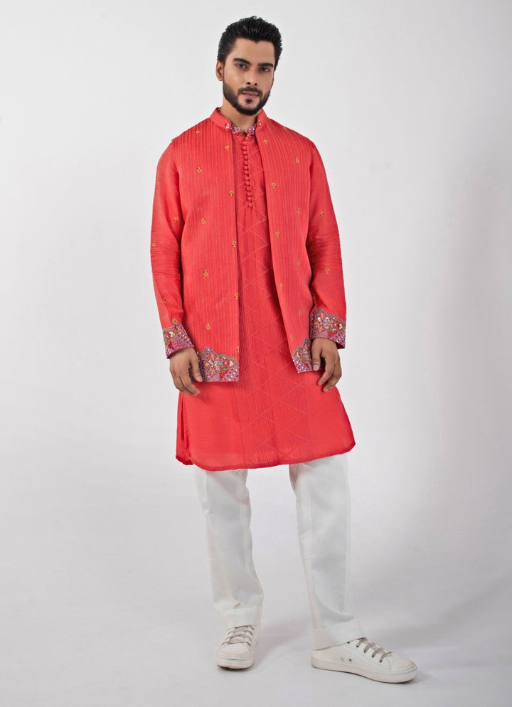 Red Embroidered Satin Nehru Jacket Smriti - Fabilicious Fashion