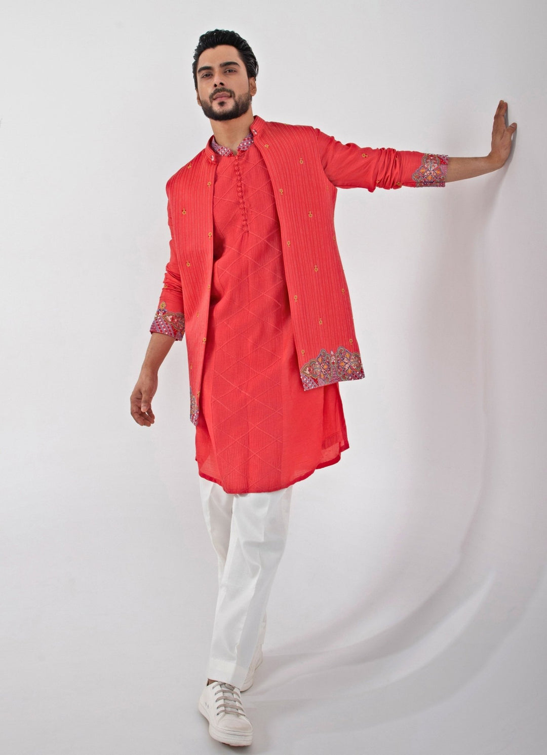 Red Embroidered Satin Nehru Jacket Smriti - Fabilicious Fashion