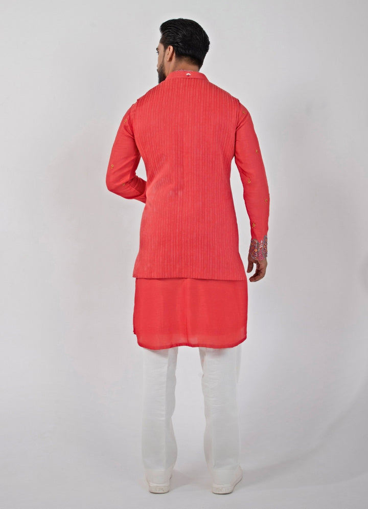 Red Embroidered Satin Nehru Jacket Smriti - Fabilicious Fashion