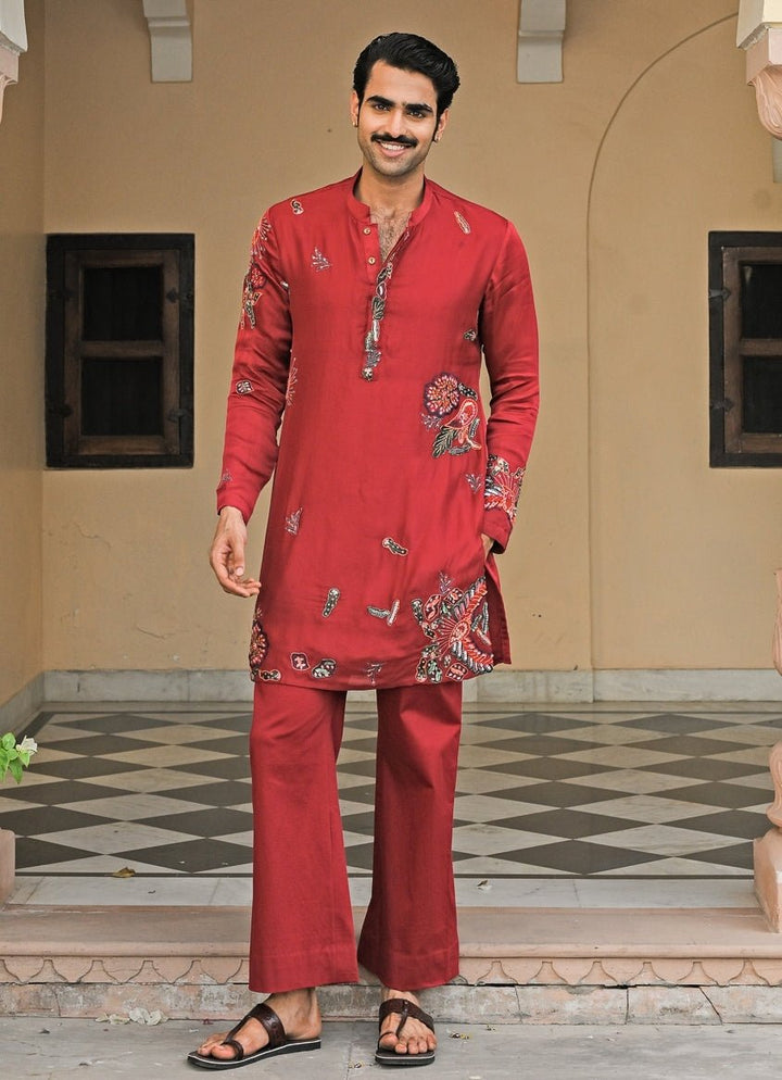 Red Embroidered Satin Organza Kurta Pants Set Juhi Bengani - Men - Fabilicious Fashion