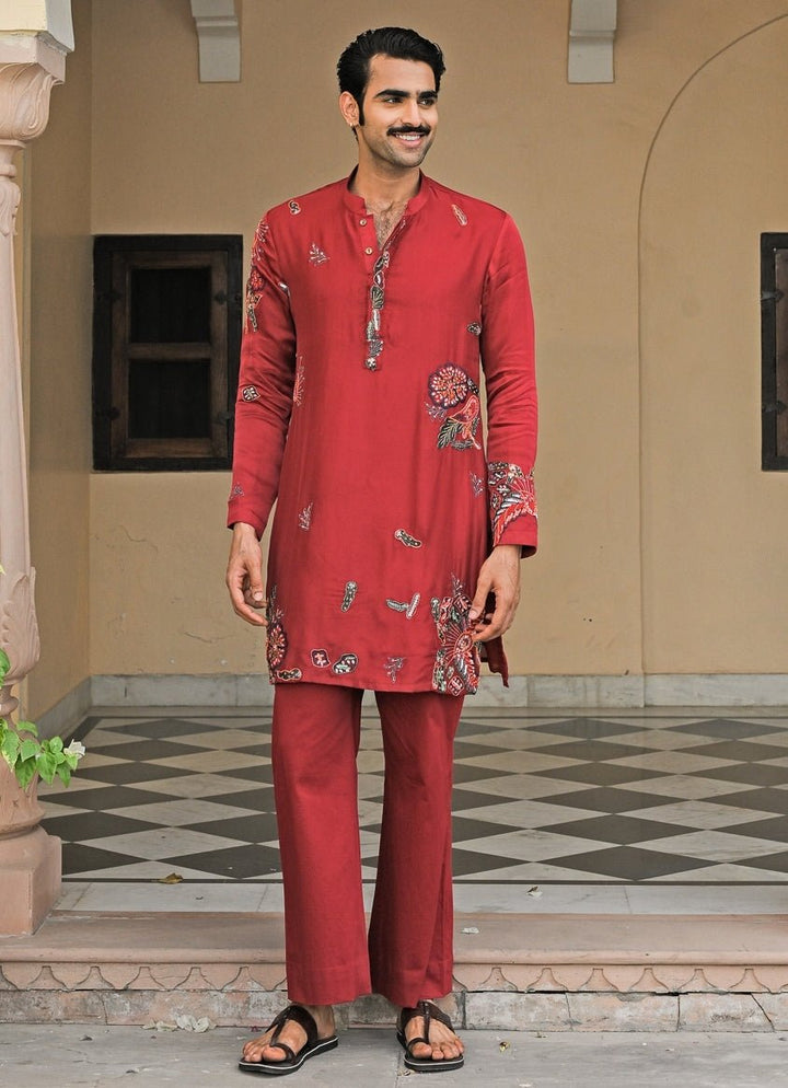 Red Embroidered Satin Organza Kurta Pants Set Juhi Bengani - Men - Fabilicious Fashion