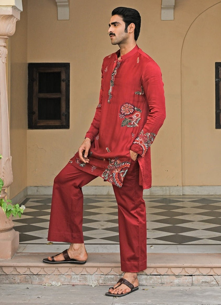 Red Embroidered Satin Organza Kurta Pants Set Juhi Bengani - Men - Fabilicious Fashion