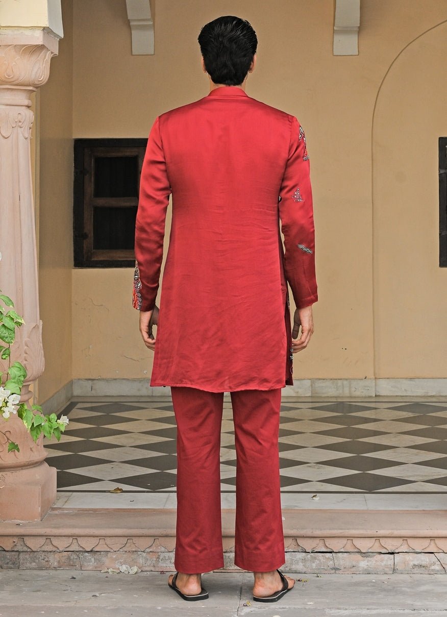 Red Embroidered Satin Organza Kurta Pants Set Juhi Bengani - Men - Fabilicious Fashion