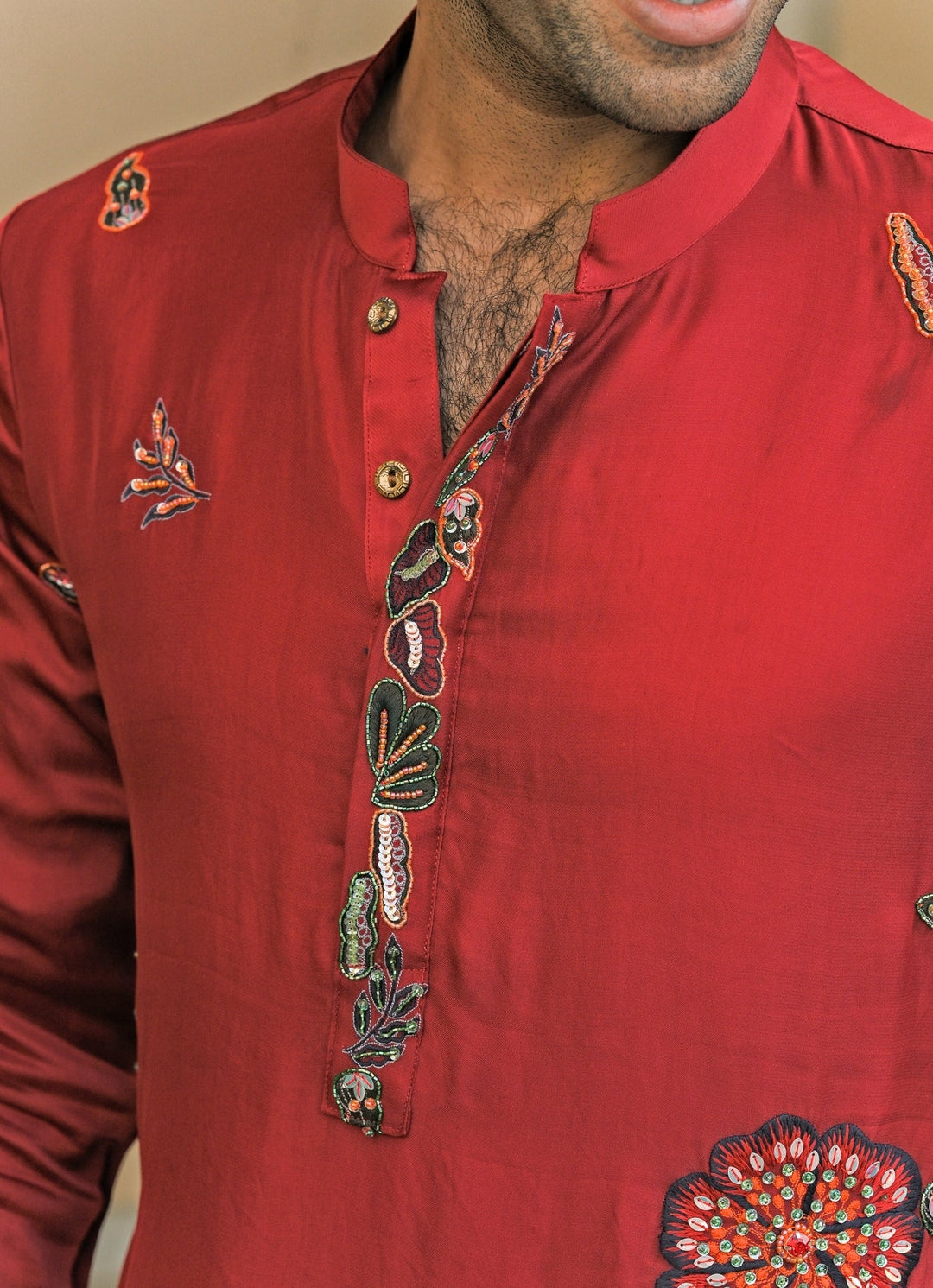 Red Embroidered Satin Organza Kurta Pants Set Juhi Bengani - Men - Fabilicious Fashion