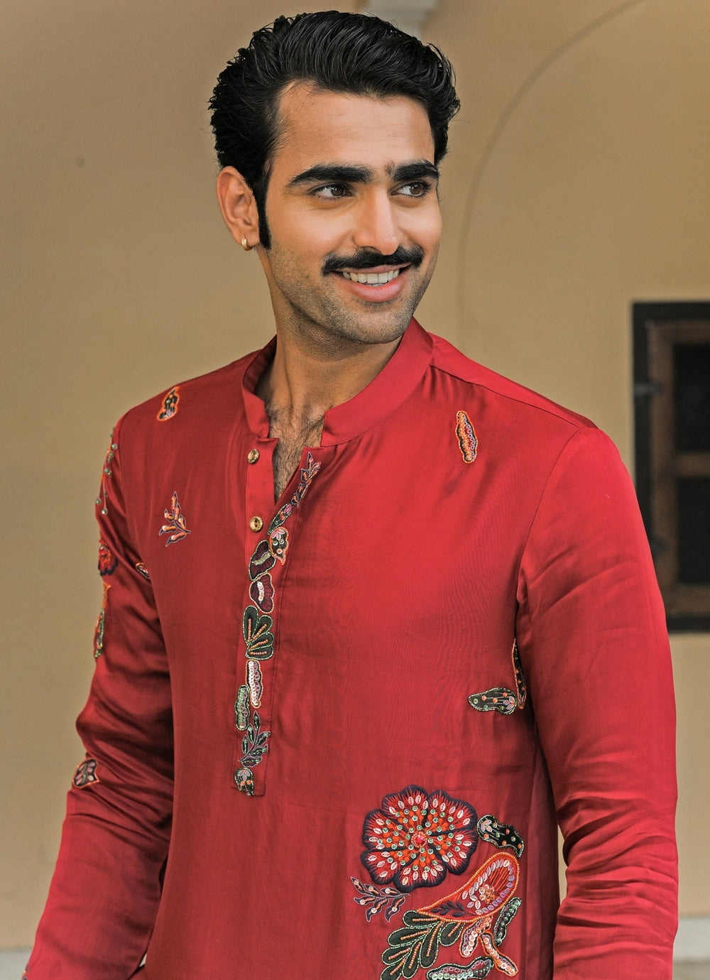 Red Embroidered Satin Organza Kurta Pants Set Juhi Bengani - Men - Fabilicious Fashion