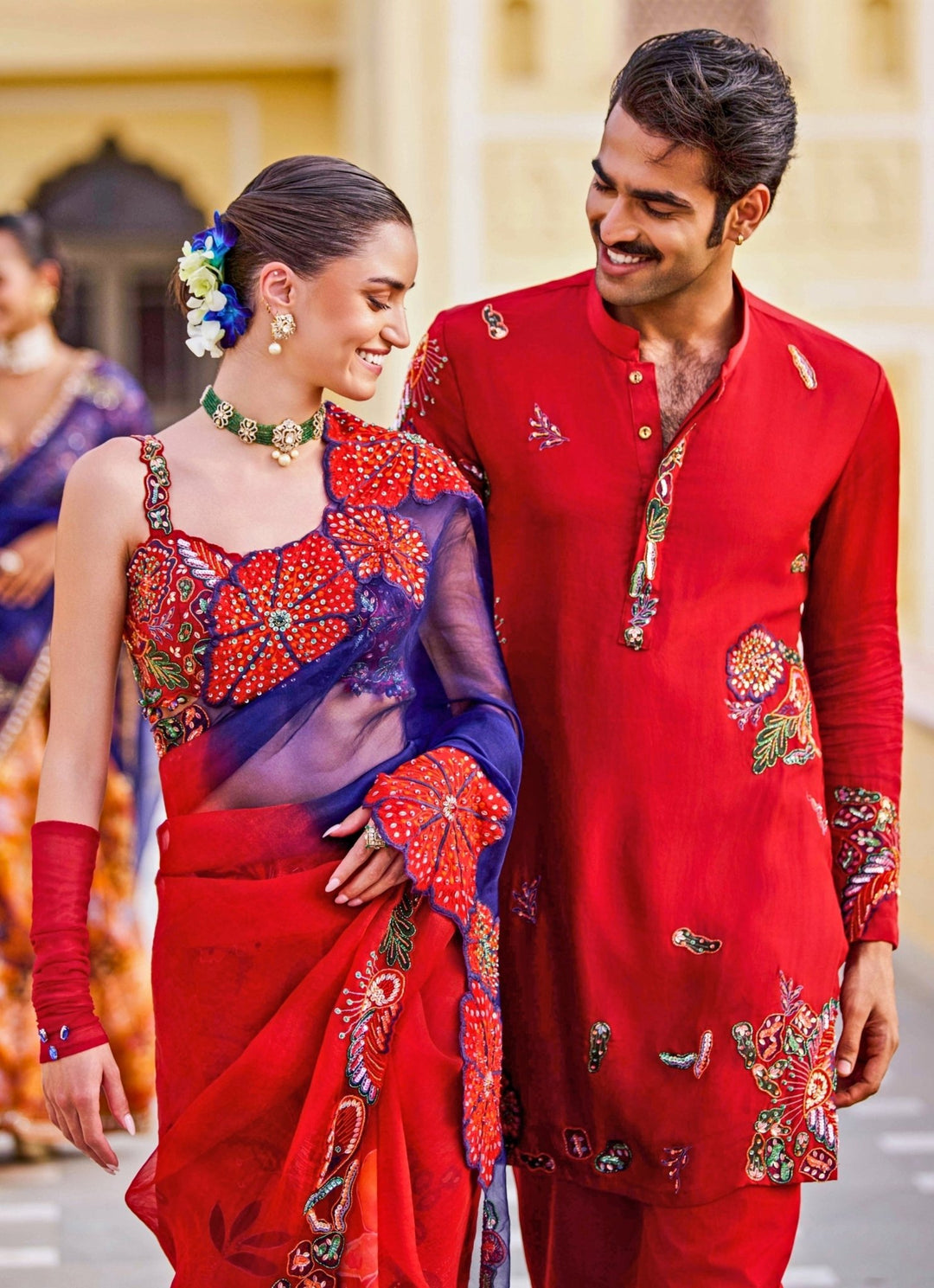 Red Embroidered Satin Organza Kurta Pants Set Juhi Bengani - Men - Fabilicious Fashion