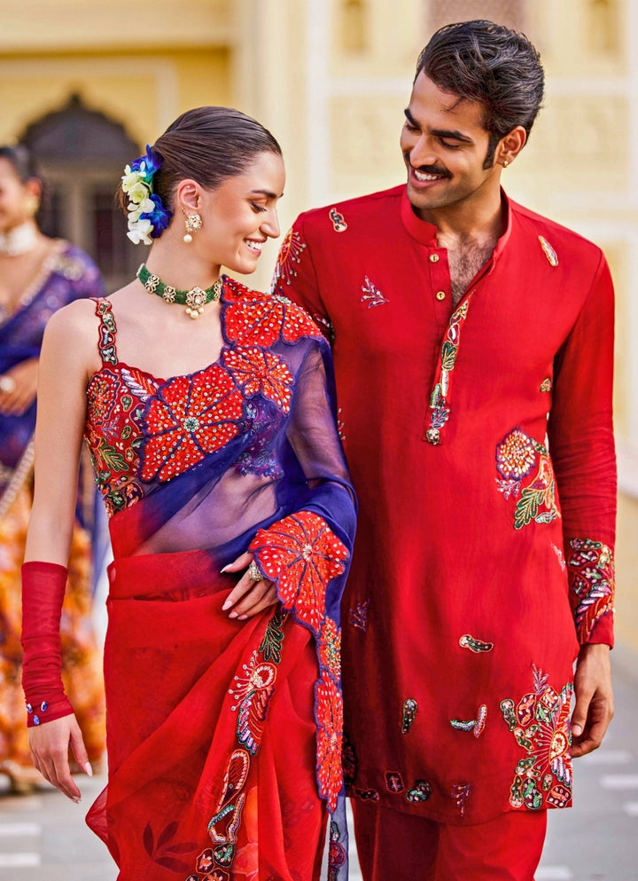 Red Embroidered Satin Organza Kurta Pants Set Juhi Bengani - Men - Fabilicious Fashion