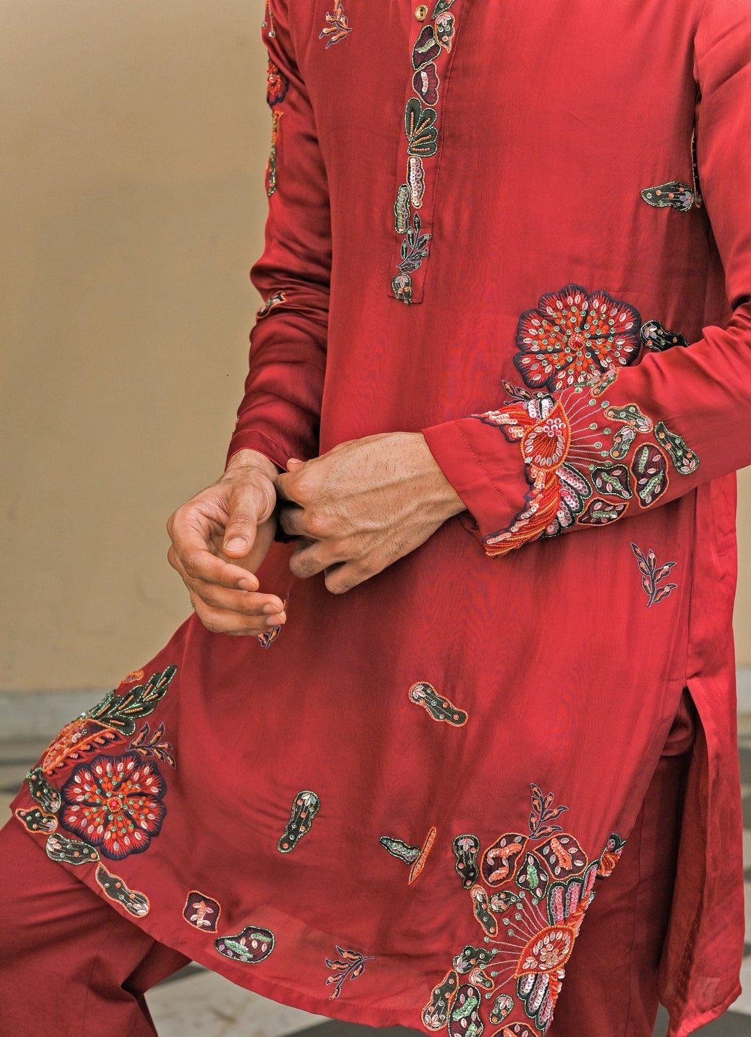 Red Embroidered Satin Organza Kurta Juhi Bengani - Men - Fabilicious Fashion