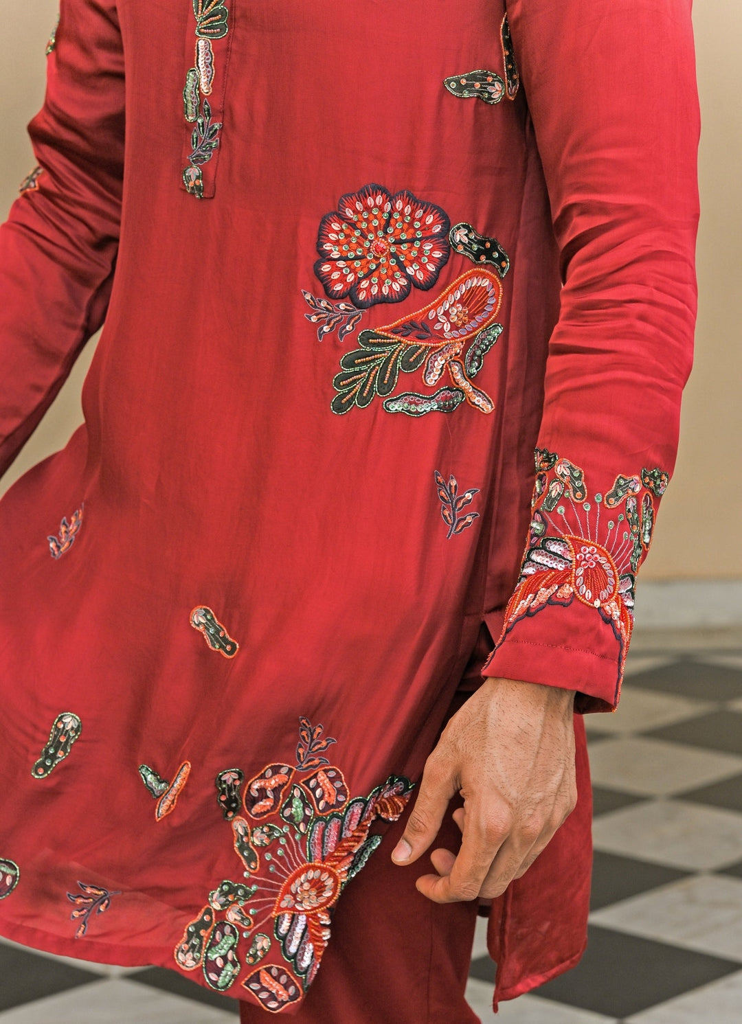 Red Embroidered Satin Organza Kurta Juhi Bengani - Men - Fabilicious Fashion