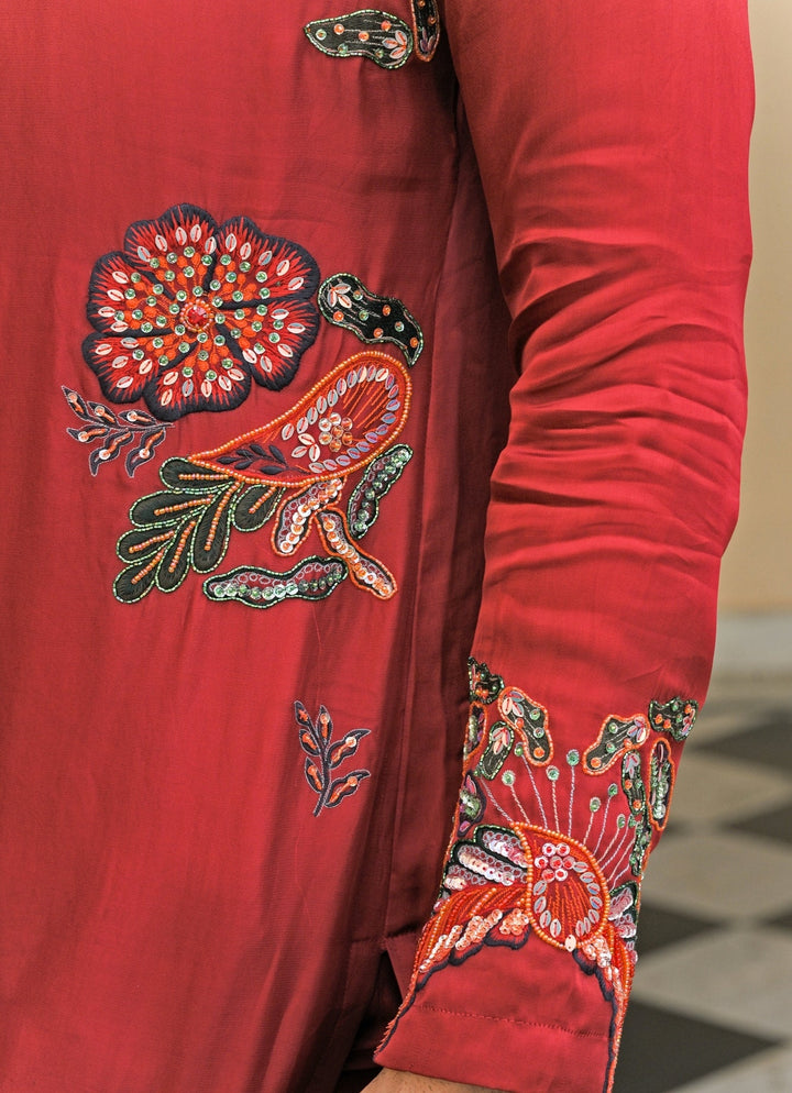 Red Embroidered Satin Organza Kurta Juhi Bengani - Men - Fabilicious Fashion