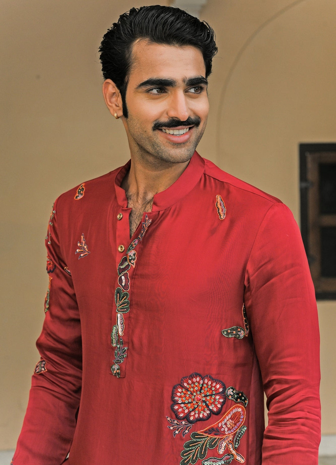 Red Embroidered Satin Organza Kurta Juhi Bengani - Men - Fabilicious Fashion