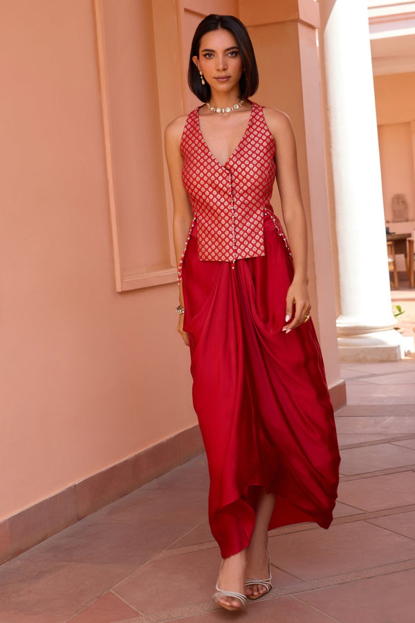 Isha Gupta Tayal red embroidered satin drape skirt set for Diwali puja and party