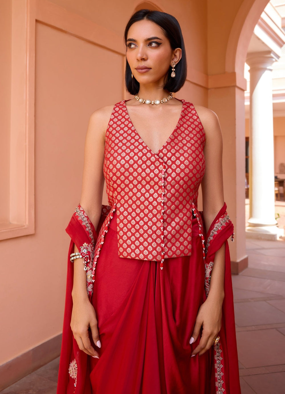 Red Embroidered Satin Skirt Set Isha Gupta Tayal - Fabilicious Fashion