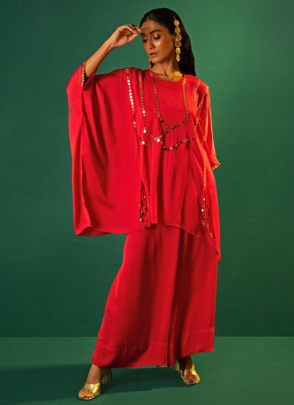 Red Embroidered Satin Tunic Co - Ord Set Prahnaaya - Fabilicious Fashion