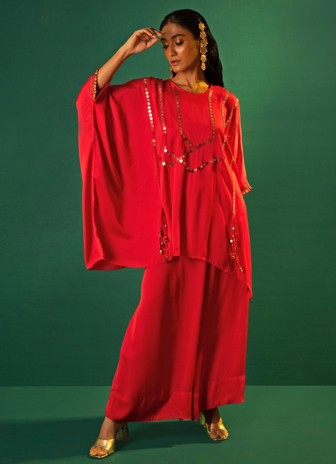 Red Embroidered Satin Tunic Co - Ord Set Prahnaaya - Fabilicious Fashion