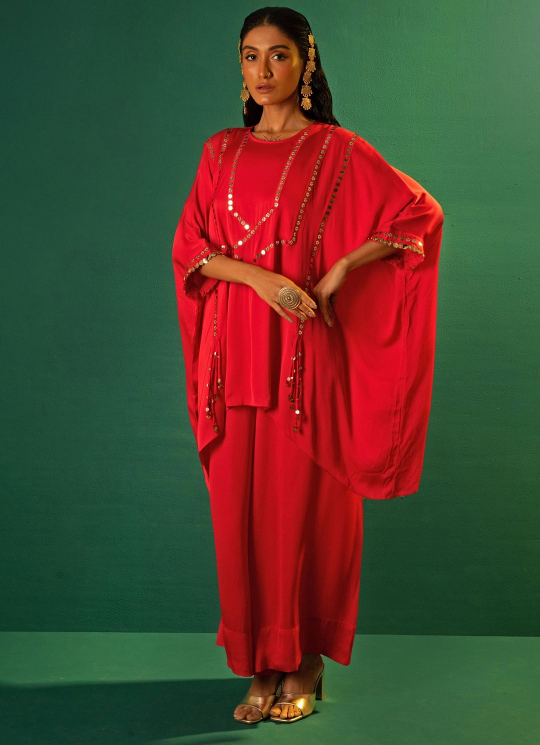 Red Embroidered Satin Tunic Co - Ord Set Prahnaaya - Fabilicious Fashion