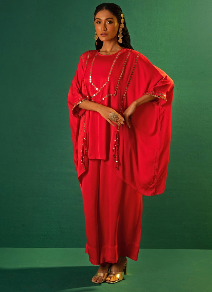 Red Embroidered Satin Tunic Co - Ord Set Prahnaaya - Fabilicious Fashion