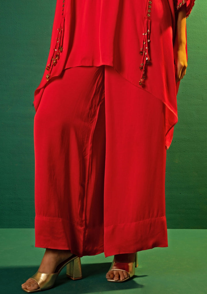 Red Embroidered Satin Tunic Co - Ord Set Prahnaaya - Fabilicious Fashion