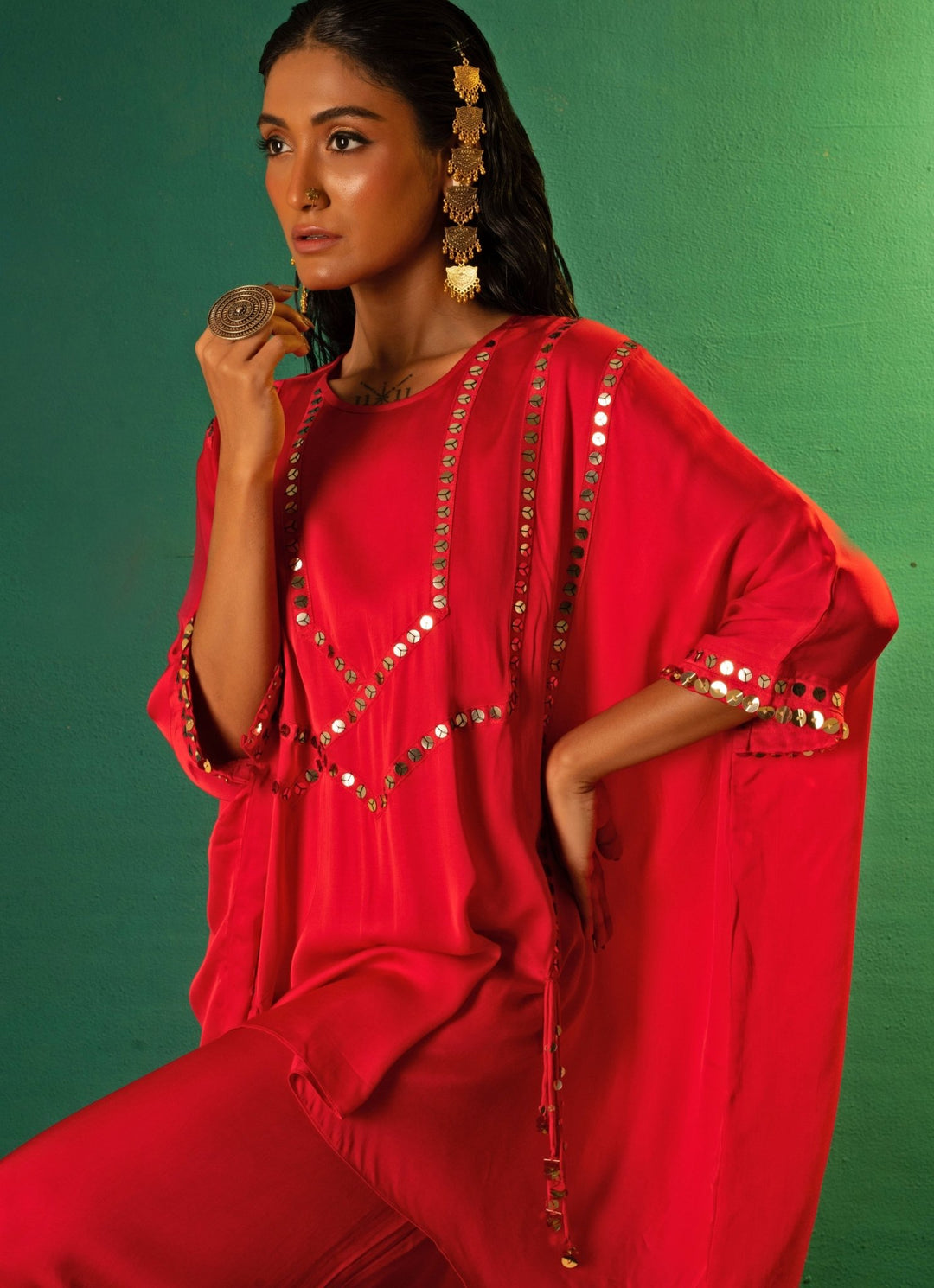Red Embroidered Satin Tunic Co - Ord Set Prahnaaya - Fabilicious Fashion
