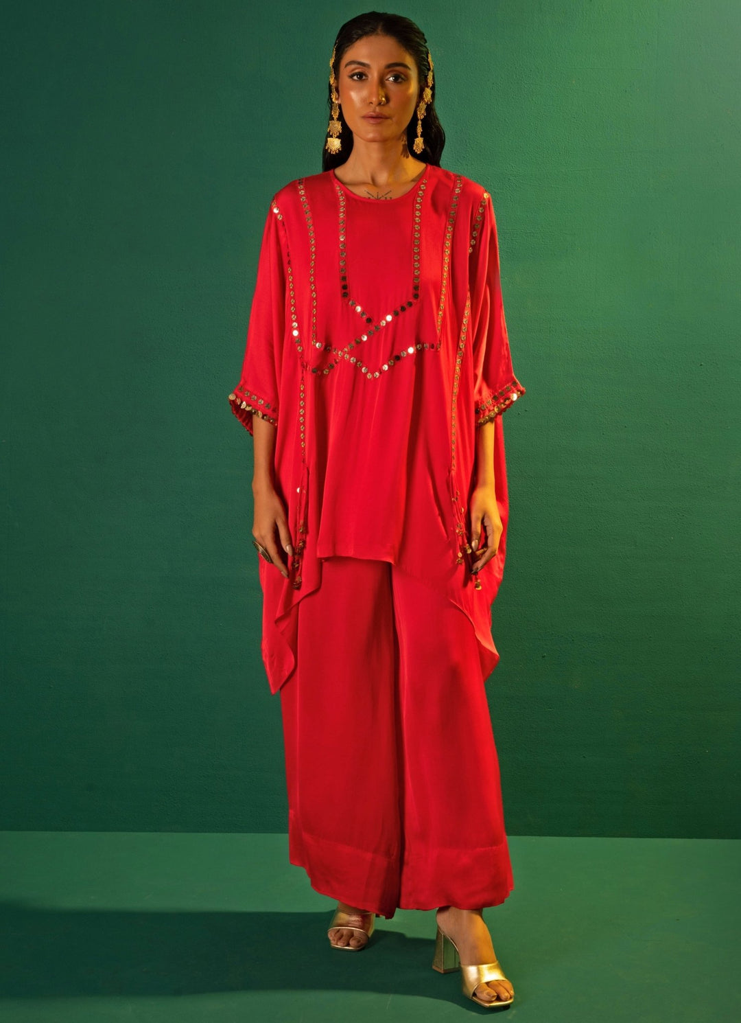 Red Embroidered Satin Tunic Co - Ord Set Prahnaaya - Fabilicious Fashion