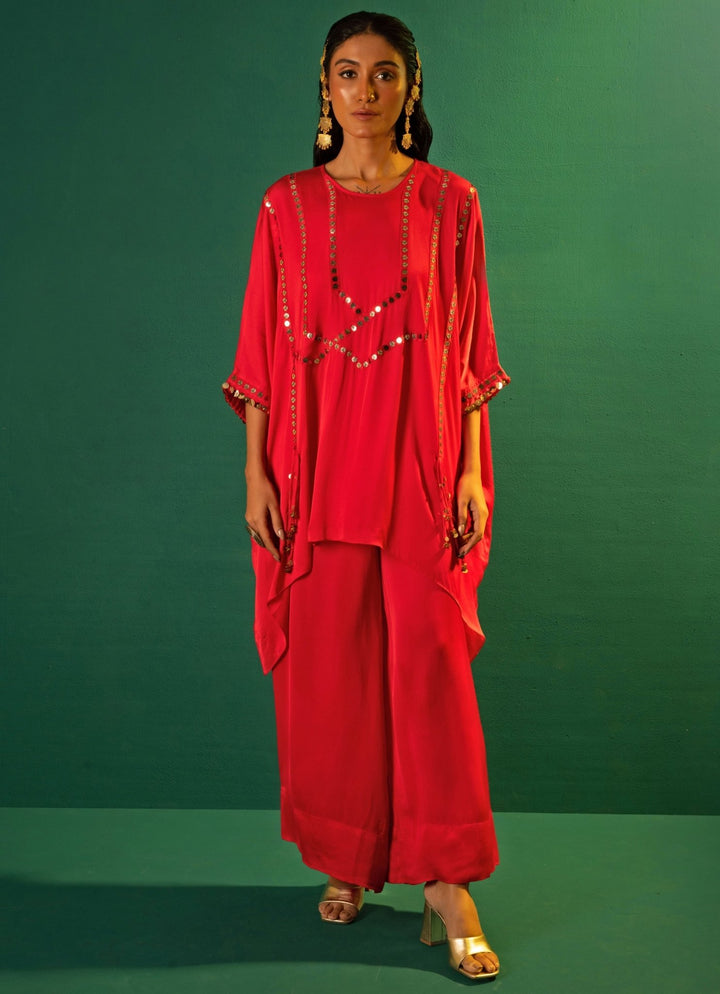Red Embroidered Satin Tunic Co - Ord Set Prahnaaya - Fabilicious Fashion