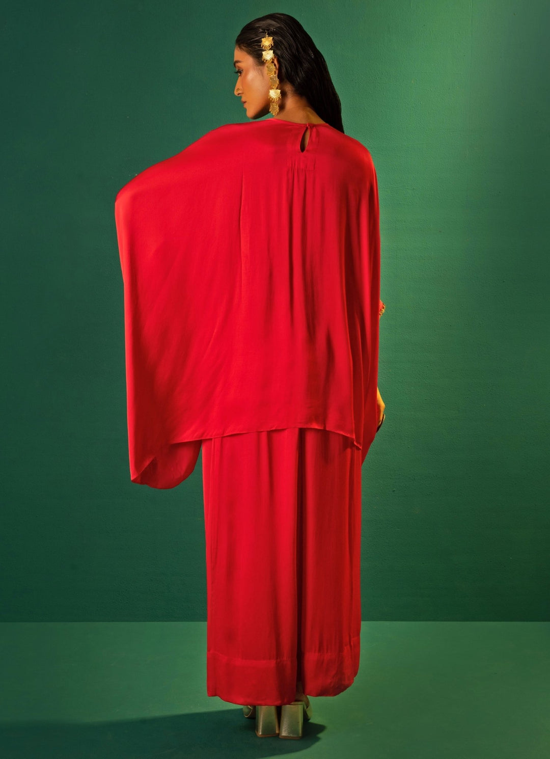 Red Embroidered Satin Tunic Co - Ord Set Prahnaaya - Fabilicious Fashion