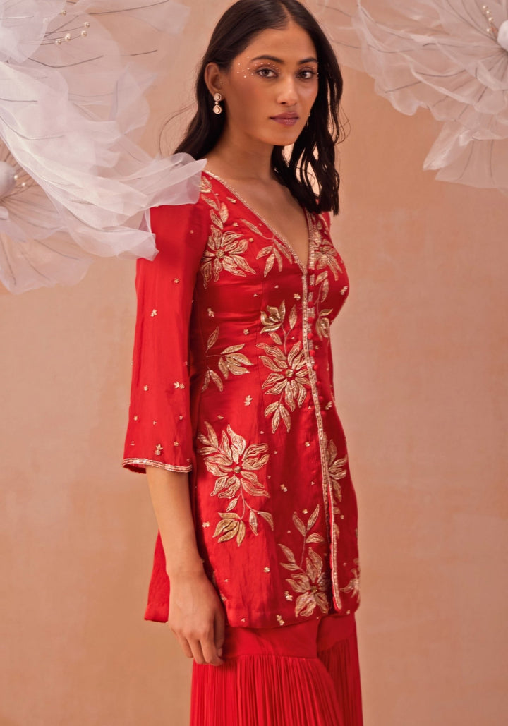 Red Embroidered Short Kurta Sharara Parul Gandhi - Fabilicious Fashion