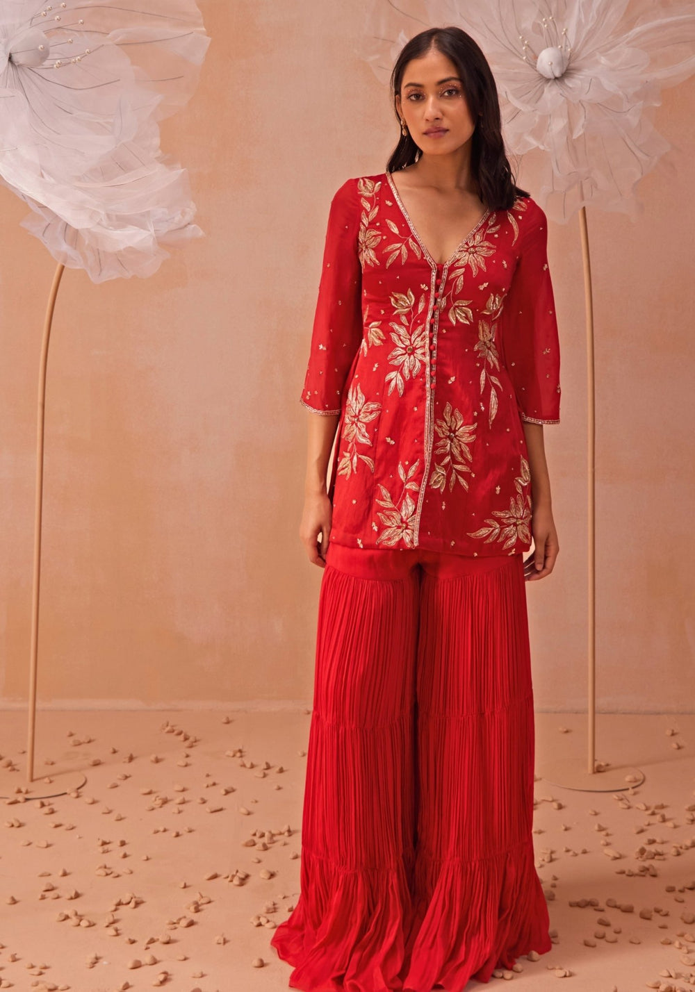 Red Embroidered Short Kurta Sharara Parul Gandhi - Fabilicious Fashion