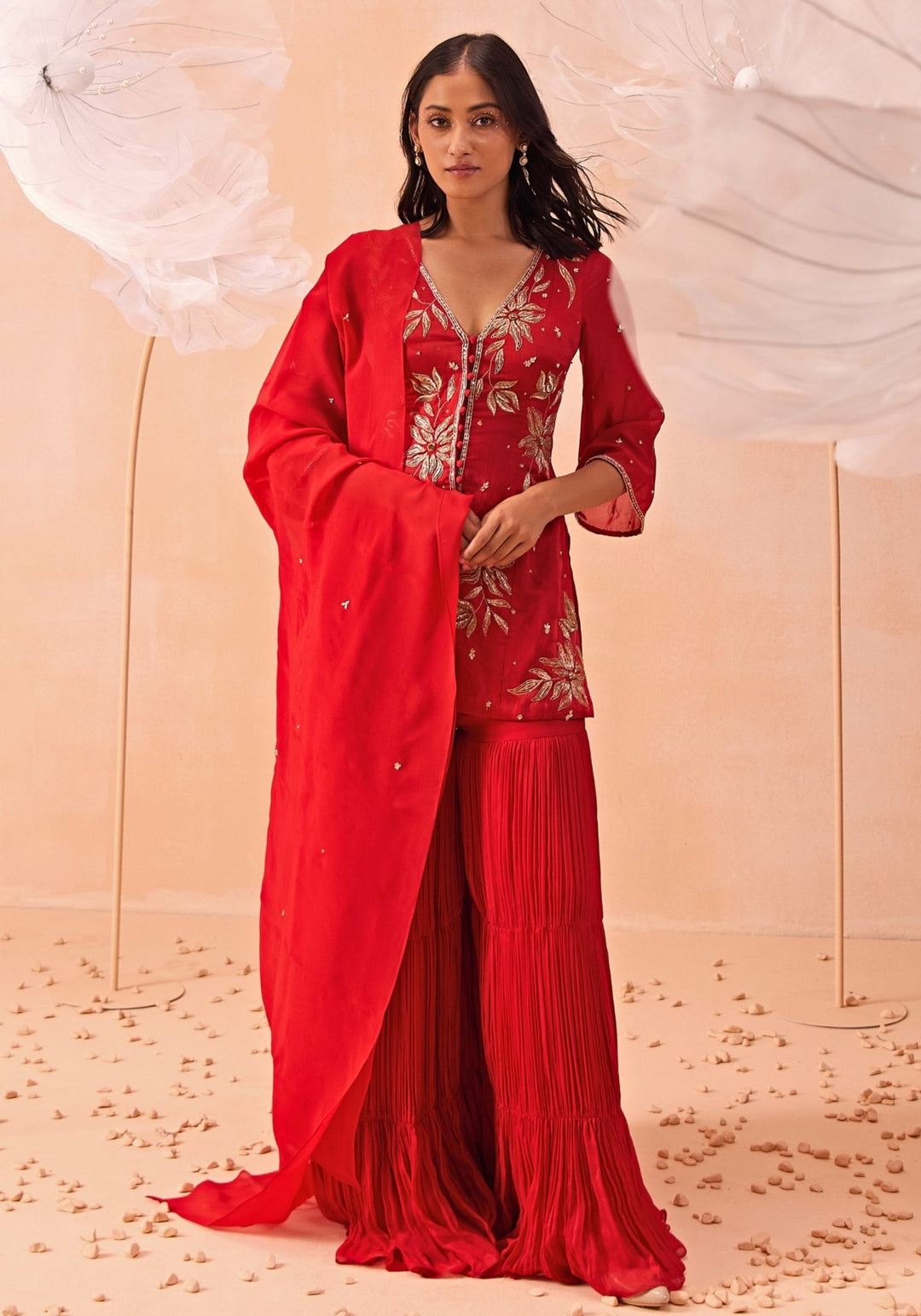 Red Embroidered Short Kurta Sharara Parul Gandhi - Fabilicious Fashion