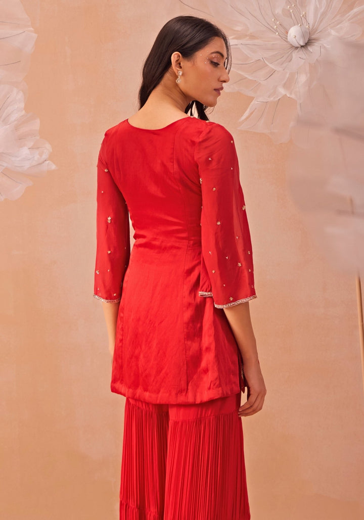 Red Embroidered Short Kurta Sharara Parul Gandhi - Fabilicious Fashion