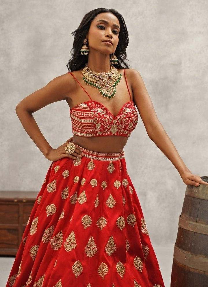 Red Embroidered Silk Jacket Lehenga Set Kapda Dori - Fabilicious Fashion