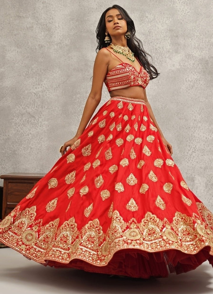 Red Embroidered Silk Jacket Lehenga Set Kapda Dori - Fabilicious Fashion