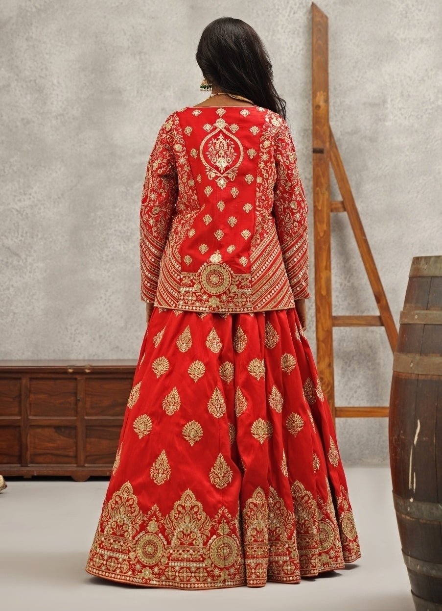 Red Embroidered Silk Jacket Lehenga Set Kapda Dori - Fabilicious Fashion