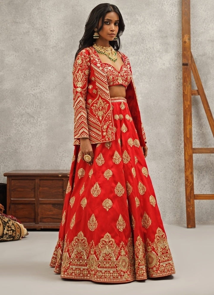 Red Embroidered Silk Jacket Lehenga Set Kapda Dori - Fabilicious Fashion