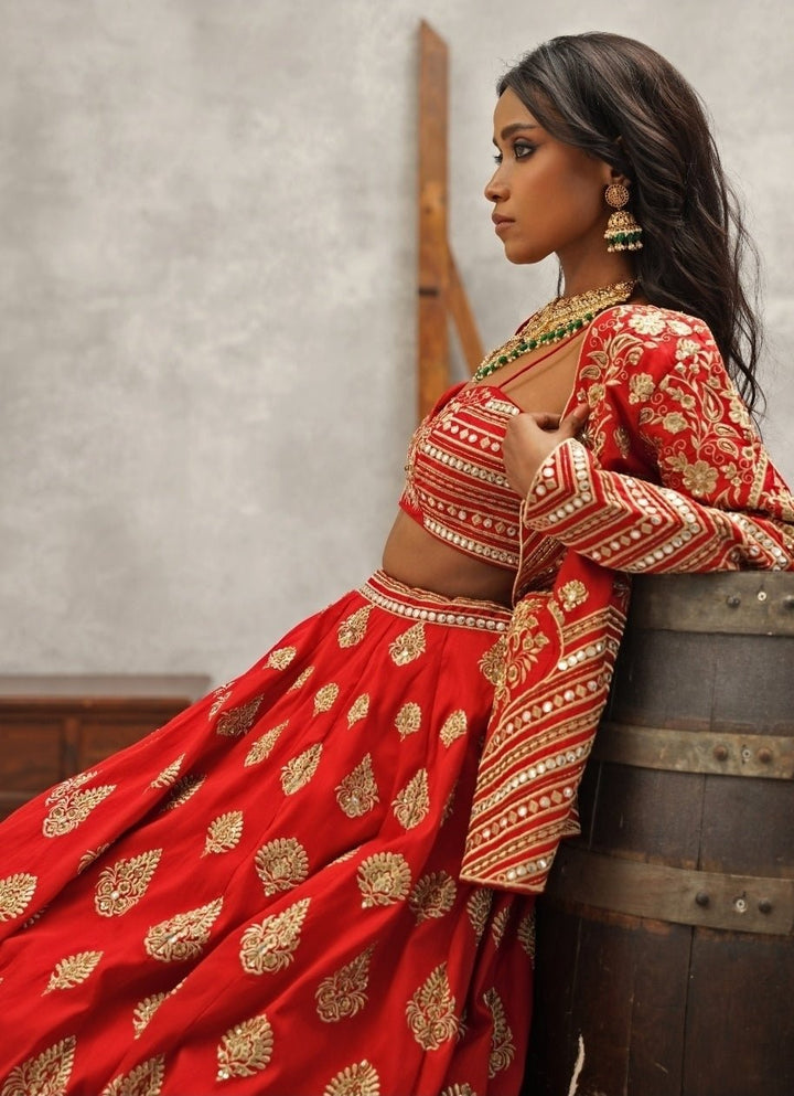 Red Embroidered Silk Jacket Lehenga Set Kapda Dori - Fabilicious Fashion