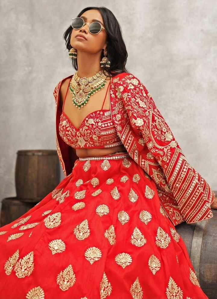 Red Embroidered Silk Jacket Lehenga Set Kapda Dori - Fabilicious Fashion