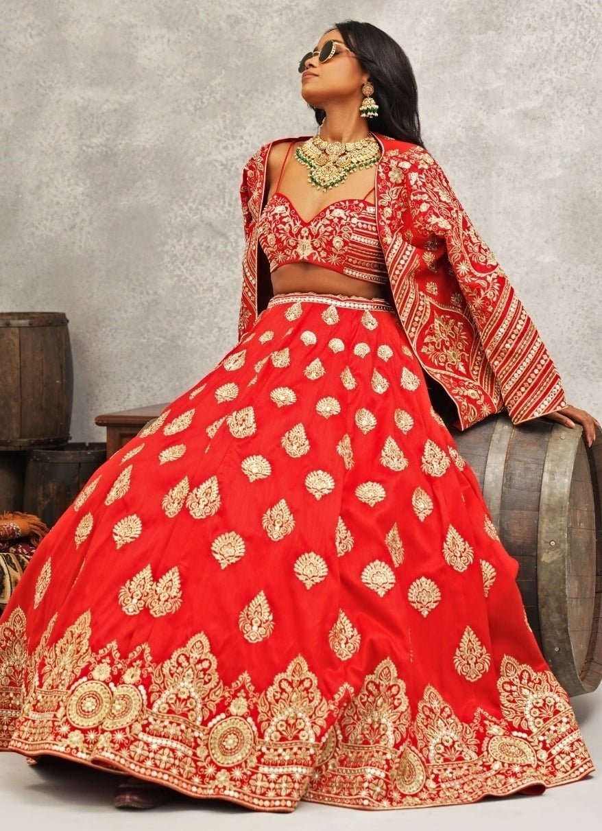 Red Embroidered Silk Jacket Lehenga Set Kapda Dori - Fabilicious Fashion