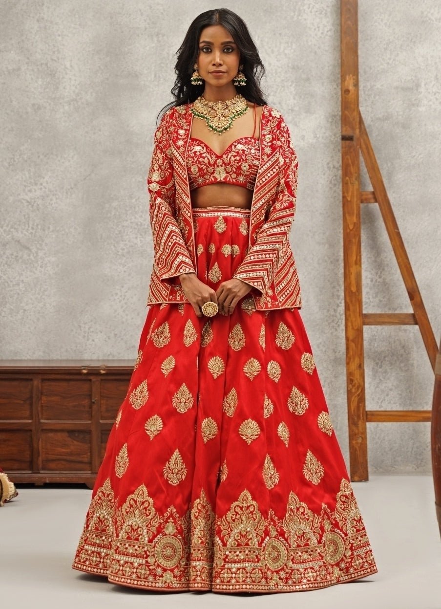 Red Embroidered Silk Jacket Lehenga Set Kapda Dori - Fabilicious Fashion