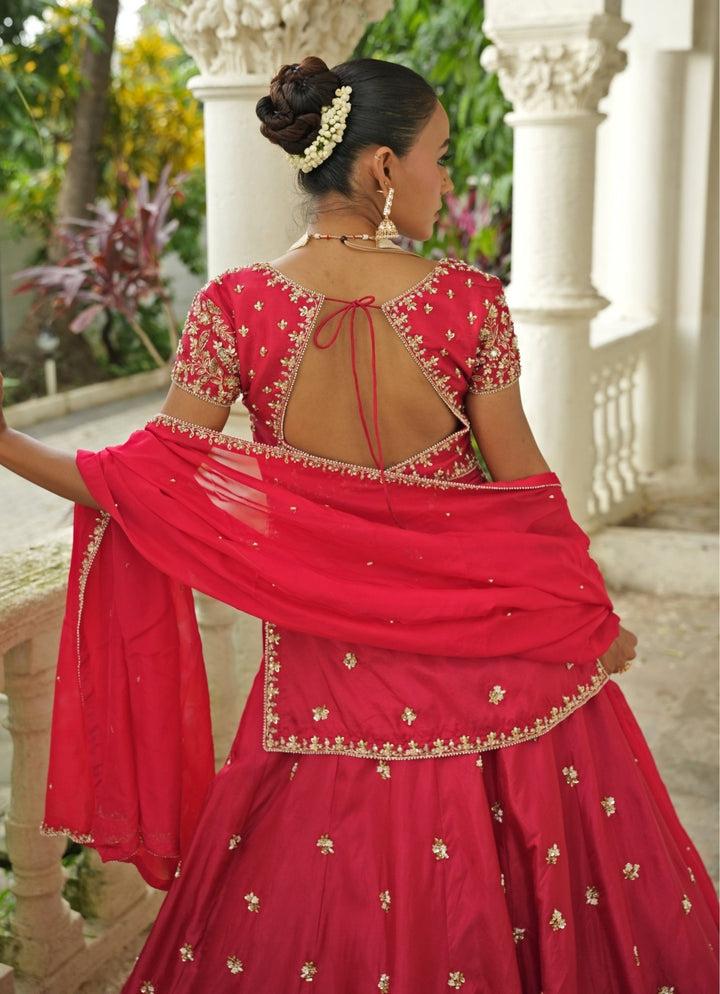 Red Embroidered Silk Kurta Lehenga Set Enamour by Radha - Fabilicious Fashion