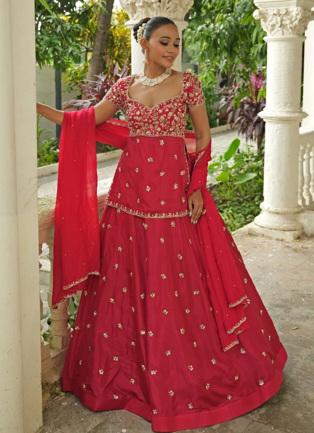 Red Embroidered Silk Kurta Lehenga Set Enamour by Radha - Fabilicious Fashion