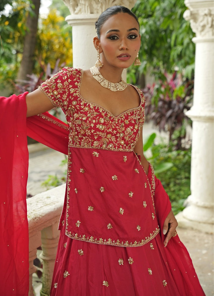 Red Embroidered Silk Kurta Lehenga Set Enamour by Radha - Fabilicious Fashion