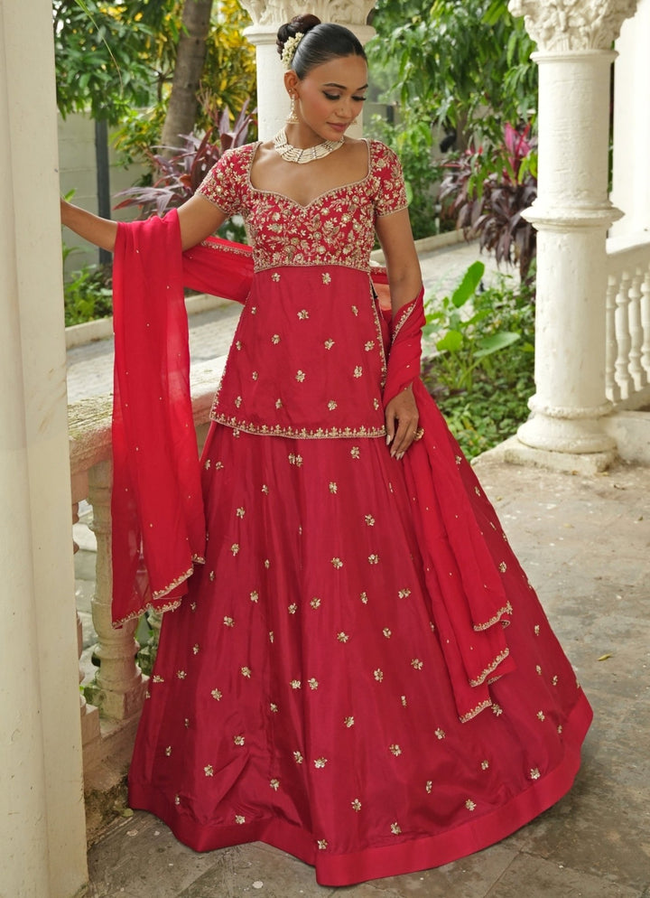 Red Embroidered Silk Kurta Lehenga Set Enamour by Radha - Fabilicious Fashion