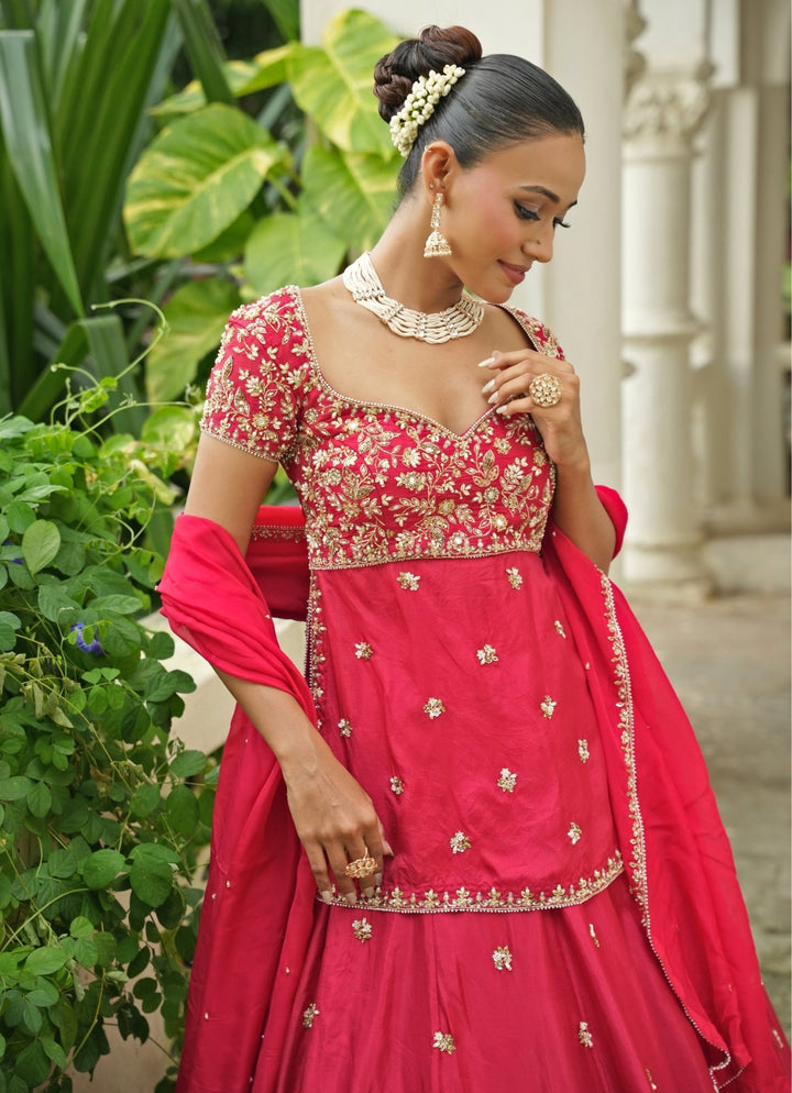 Red Embroidered Silk Kurta Lehenga Set Enamour by Radha - Fabilicious Fashion