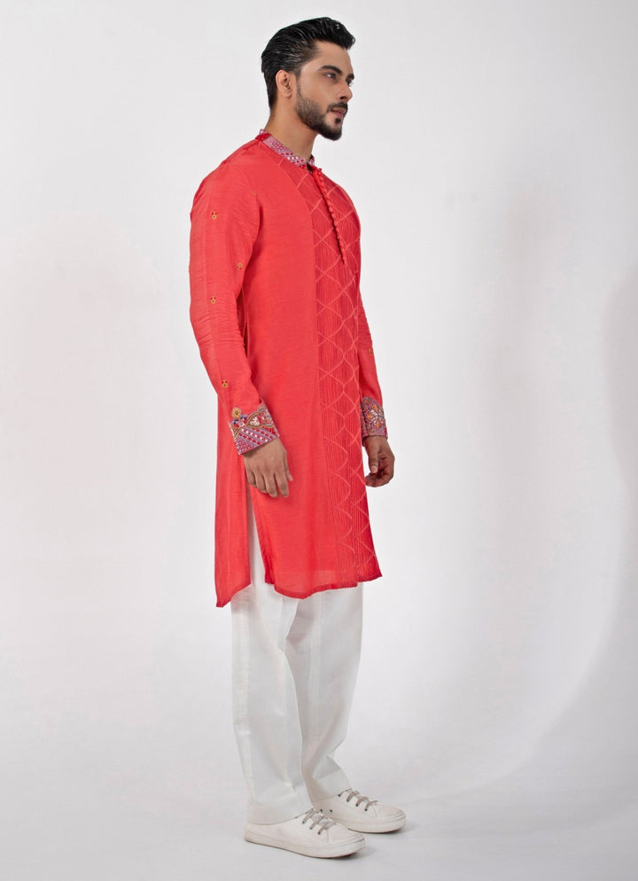 Red Embroidered Silk Kurta Pants Set Smriti - Fabilicious Fashion