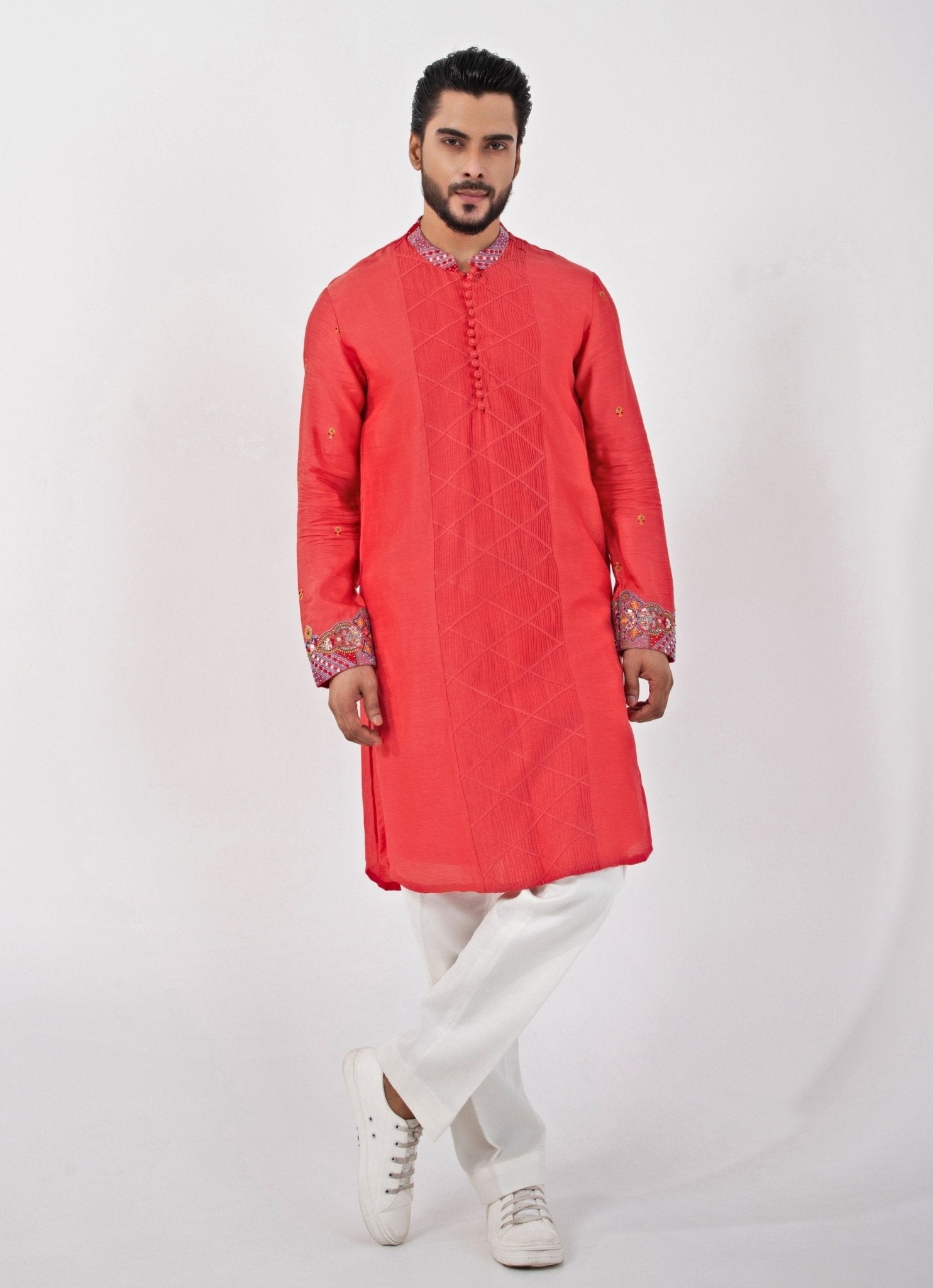Red embroidered silk kurta pants set by Smriti — men's Raksha Bandhan evening kurta set