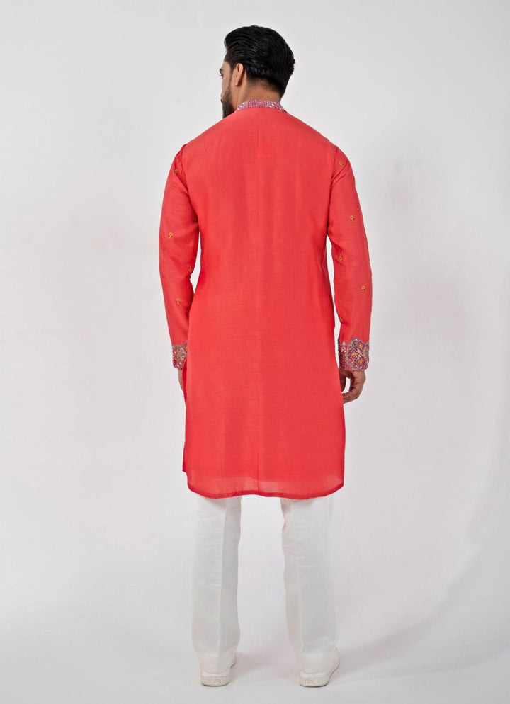 Red Embroidered Silk Kurta Pants Set Smriti - Fabilicious Fashion