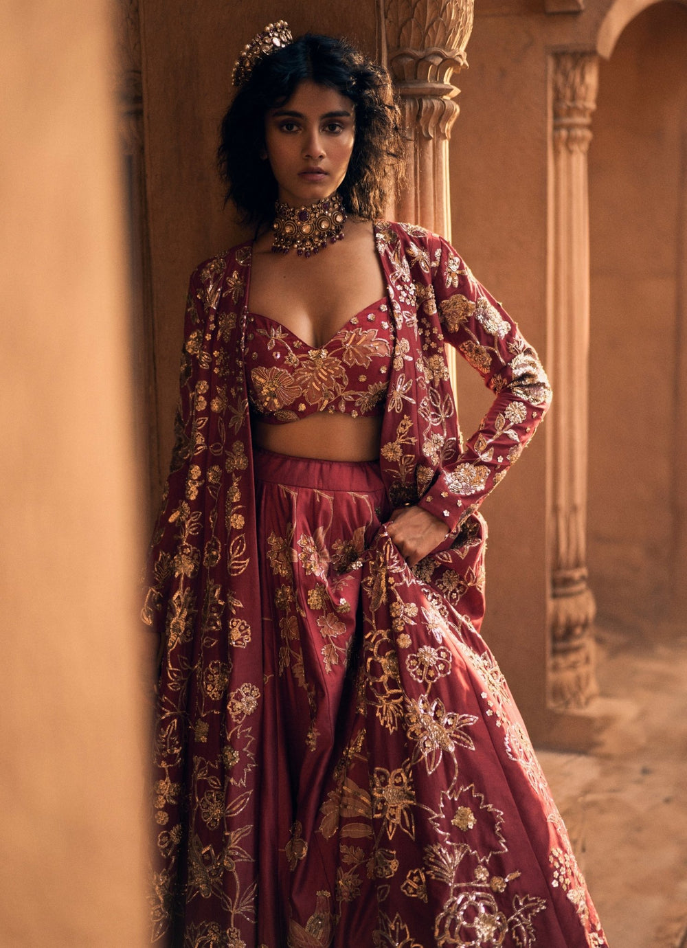 Red Embroidered Silk Lehenga Set With Jacket Paulmi and Harsh - Fabilicious Fashion