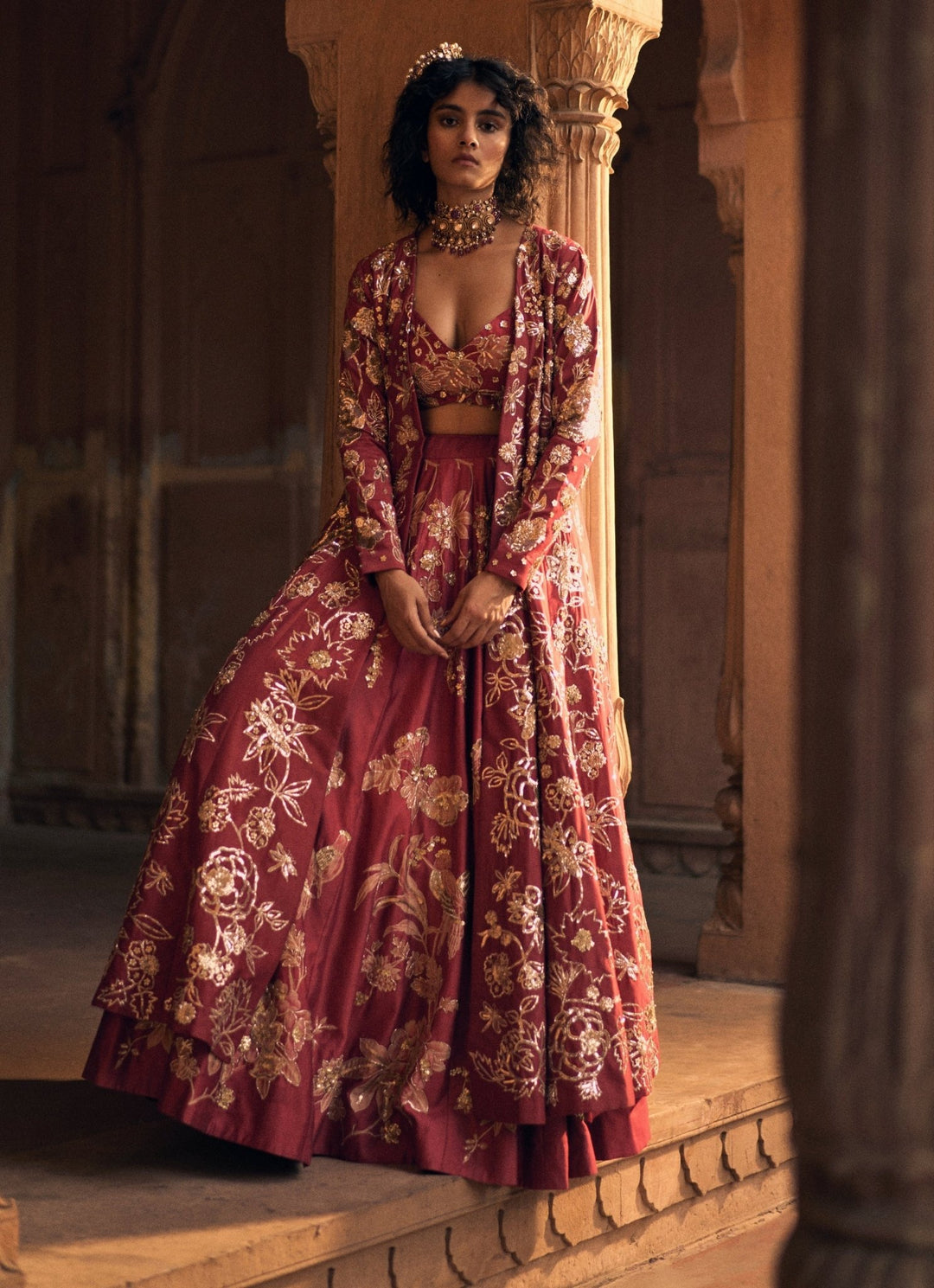 Red Embroidered Silk Lehenga Set With Jacket Paulmi and Harsh - Fabilicious Fashion
